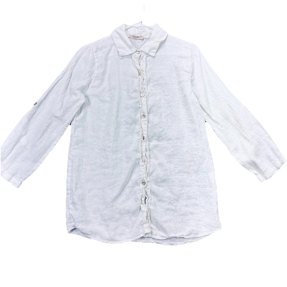 Lungo L'Arno Shirt Womens‎ Large White Linen Button Front Roll Tab Made Italy
